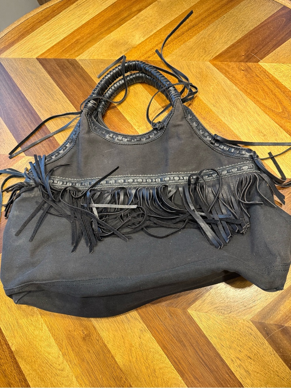 Denim & Supply Ralph Lauren Black Fringe Tote Bag with Braided Handles *desc*